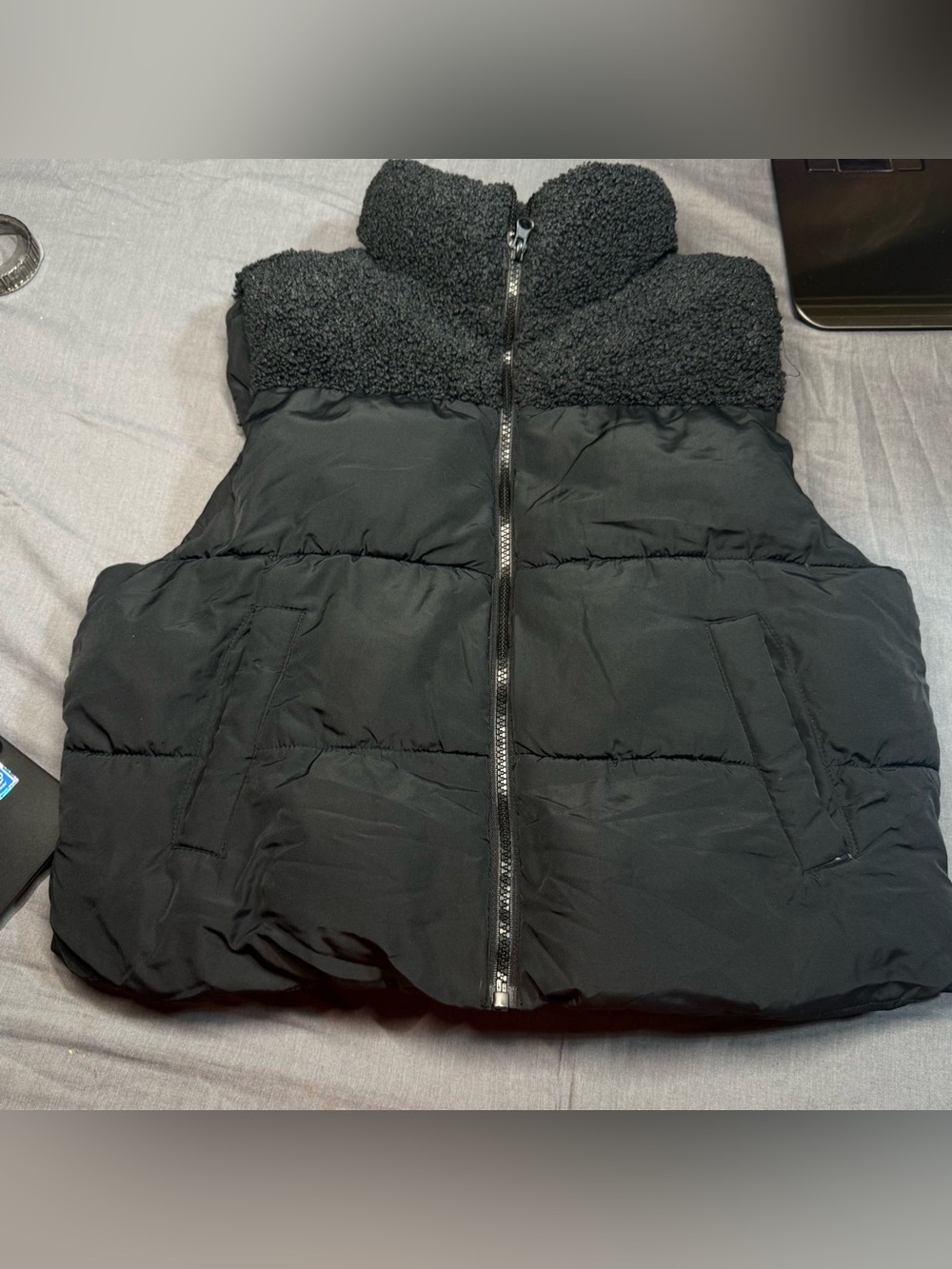 Forever 21 Black Puffer Vest with Sherpa Collar